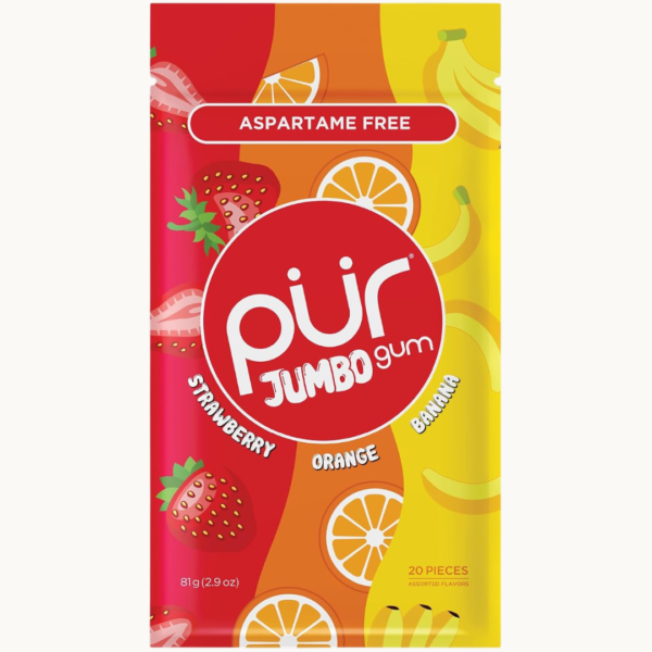 PUR Jumbo Sugar-Free Xylitol Gum, Assorted Strawberry, Banana & Orange Flavors, 20-Piece Pack