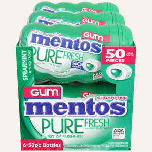 Mentos Pure Fresh Sugar-Free Spearmint Gum, 50 Pieces per Bottle, 6 Bottles, 300 Pieces Total