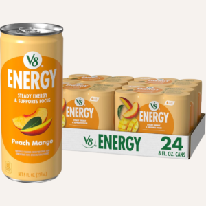 V8 Energy Peach Mango Energy Drink, 8 fl oz Cans, 24-Pack, Fruit & Vegetable Juice Blend